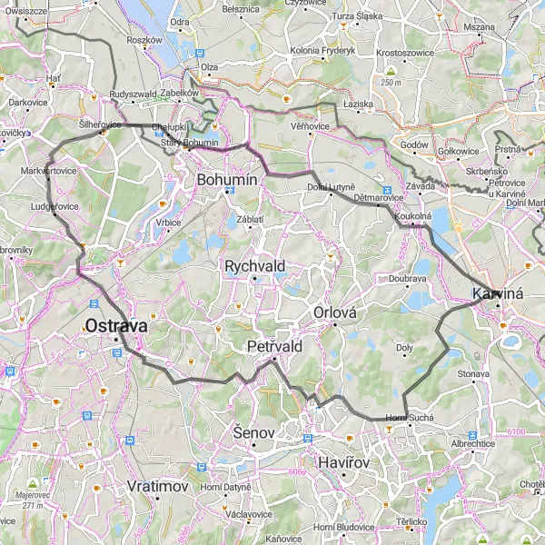 Map miniature of "The Horní Suchá and Karviná Road Route" cycling inspiration in Moravskoslezsko, Czech Republic. Generated by Tarmacs.app cycling route planner