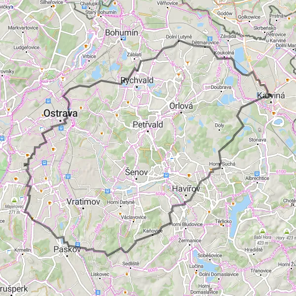 Mapa miniatúra "Okružná cesta cez historické pamiatky" cyklistická inšpirácia v Moravskoslezsko, Czech Republic. Vygenerované cyklistickým plánovačom trás Tarmacs.app