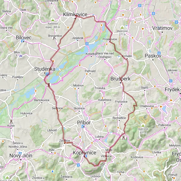 Karten-Miniaturansicht der Radinspiration "Abenteuerliche Schotterfahrt" in Moravskoslezsko, Czech Republic. Erstellt vom Tarmacs.app-Routenplaner für Radtouren