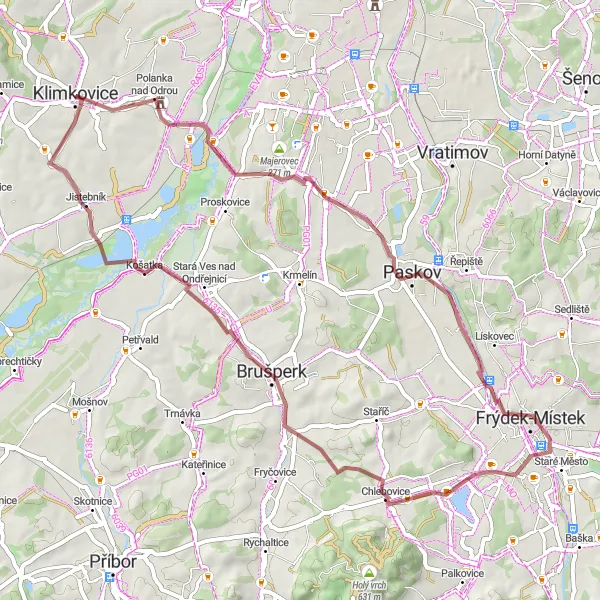 Map miniature of "Klimkovice Gravel Loop" cycling inspiration in Moravskoslezsko, Czech Republic. Generated by Tarmacs.app cycling route planner