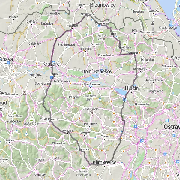 Miniatura mapy "Trasa z Memorial Lime tree do Klimkovice przez Chuchelną" - trasy rowerowej w Moravskoslezsko, Czech Republic. Wygenerowane przez planer tras rowerowych Tarmacs.app
