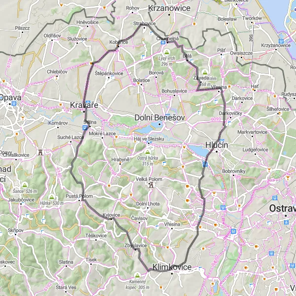 Map miniature of "Scenic Road Adventure" cycling inspiration in Moravskoslezsko, Czech Republic. Generated by Tarmacs.app cycling route planner