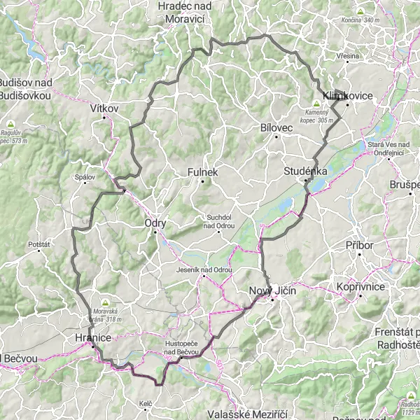 Mapa miniatúra "Náročná vyjížďka kolem Klimkovic" cyklistická inšpirácia v Moravskoslezsko, Czech Republic. Vygenerované cyklistickým plánovačom trás Tarmacs.app