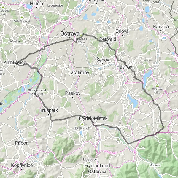Map miniature of "Historical Landmarks Ride" cycling inspiration in Moravskoslezsko, Czech Republic. Generated by Tarmacs.app cycling route planner
