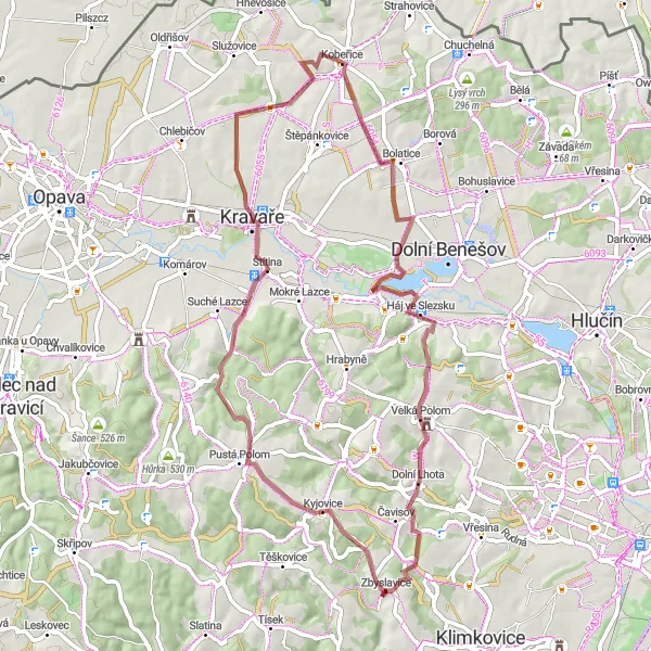 Miniaturní mapa "Cyklistická trasa kolem Kobeřic II" inspirace pro cyklisty v oblasti Moravskoslezsko, Czech Republic. Vytvořeno pomocí plánovače tras Tarmacs.app