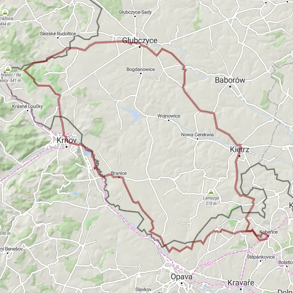 Miniaturní mapa "Gravelová výzva kolem Kobeřic" inspirace pro cyklisty v oblasti Moravskoslezsko, Czech Republic. Vytvořeno pomocí plánovače tras Tarmacs.app