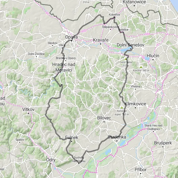 Karten-Miniaturansicht der Radinspiration "Erkunden Sie die Region auf dem Straßenradweg von Kobeřice" in Moravskoslezsko, Czech Republic. Erstellt vom Tarmacs.app-Routenplaner für Radtouren