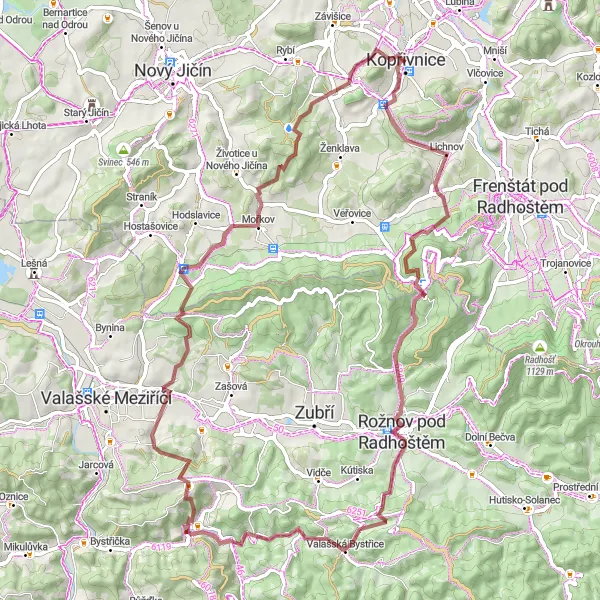 Map miniature of "Gravel Adventure" cycling inspiration in Moravskoslezsko, Czech Republic. Generated by Tarmacs.app cycling route planner