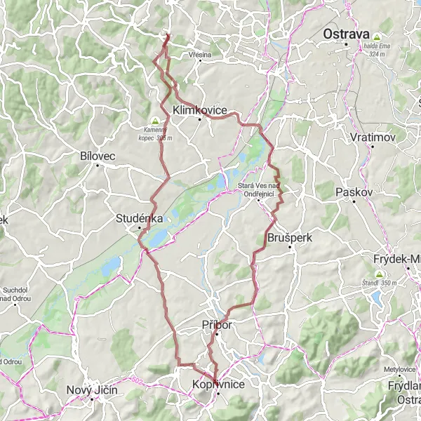 Map miniature of "Gravel Adventure through Nature" cycling inspiration in Moravskoslezsko, Czech Republic. Generated by Tarmacs.app cycling route planner