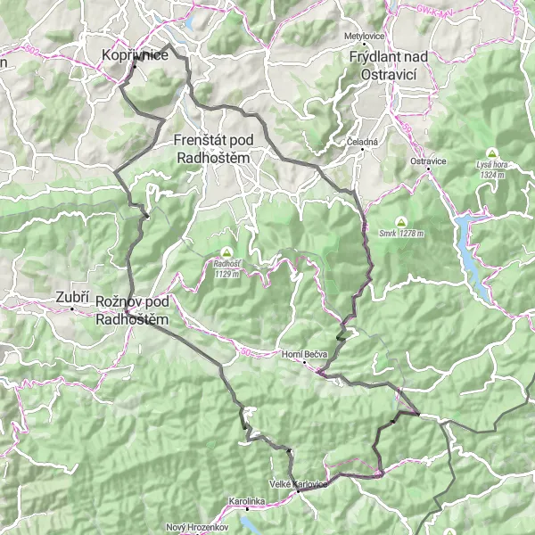 Karten-Miniaturansicht der Radinspiration "Road-Tour mit atemberaubender Kulisse" in Moravskoslezsko, Czech Republic. Erstellt vom Tarmacs.app-Routenplaner für Radtouren