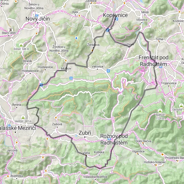 Map miniature of "Lichnov Loop" cycling inspiration in Moravskoslezsko, Czech Republic. Generated by Tarmacs.app cycling route planner