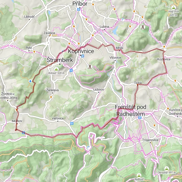 Miniatura mapy "Przejażdżka gravelowa z Kozlovic" - trasy rowerowej w Moravskoslezsko, Czech Republic. Wygenerowane przez planer tras rowerowych Tarmacs.app