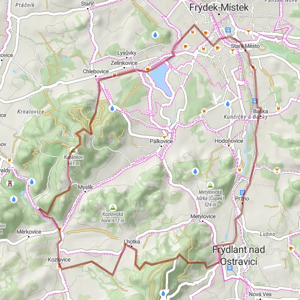 Miniaturní mapa "Gravelový okruh kolem Kozlovic" inspirace pro cyklisty v oblasti Moravskoslezsko, Czech Republic. Vytvořeno pomocí plánovače tras Tarmacs.app