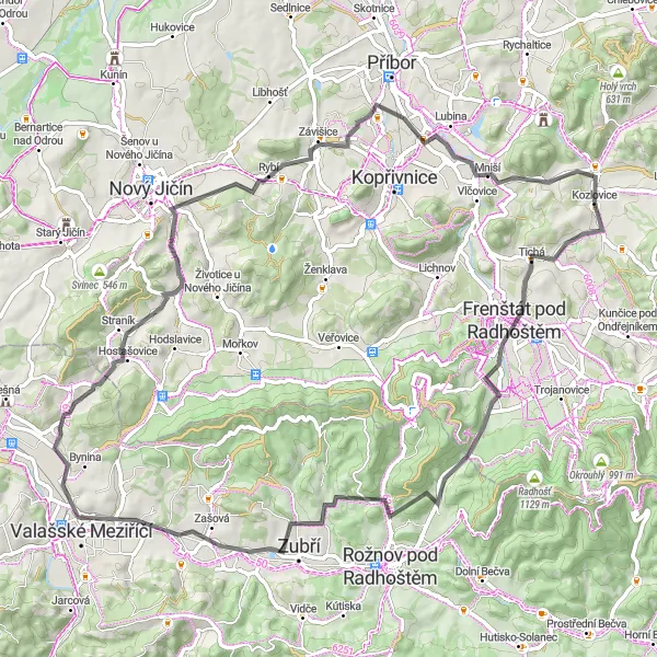 Mapa miniatúra "Okruh okolo Moravskoslezskej brázdy" cyklistická inšpirácia v Moravskoslezsko, Czech Republic. Vygenerované cyklistickým plánovačom trás Tarmacs.app