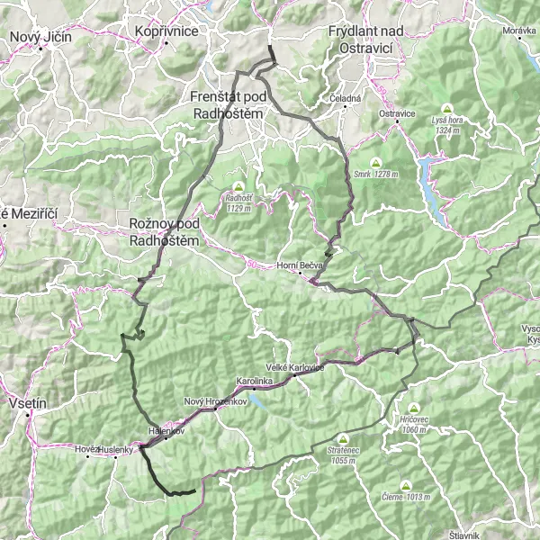 Map miniature of "Challenge of the Mountains" cycling inspiration in Moravskoslezsko, Czech Republic. Generated by Tarmacs.app cycling route planner