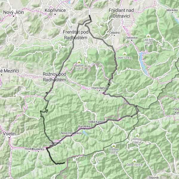 Mapa miniatúra "Náročný okruh cez Karolinku" cyklistická inšpirácia v Moravskoslezsko, Czech Republic. Vygenerované cyklistickým plánovačom trás Tarmacs.app