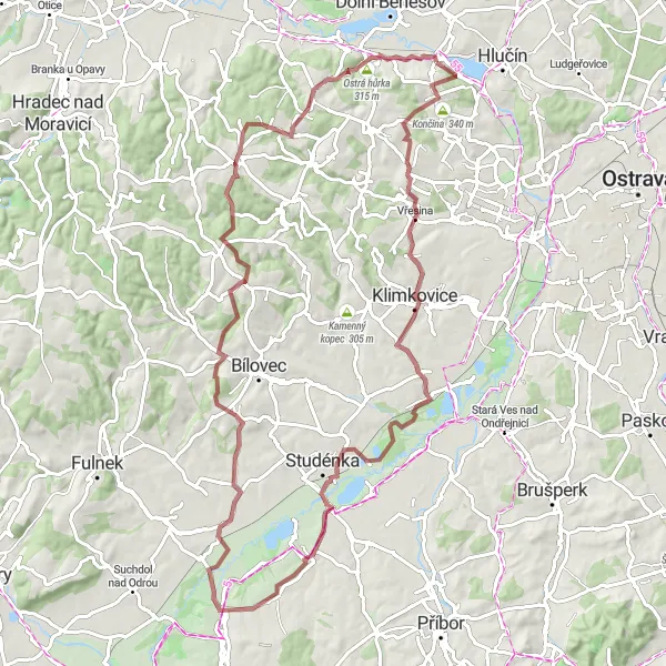 Miniaturní mapa "Gravel Kozmice - Budišovice" inspirace pro cyklisty v oblasti Moravskoslezsko, Czech Republic. Vytvořeno pomocí plánovače tras Tarmacs.app