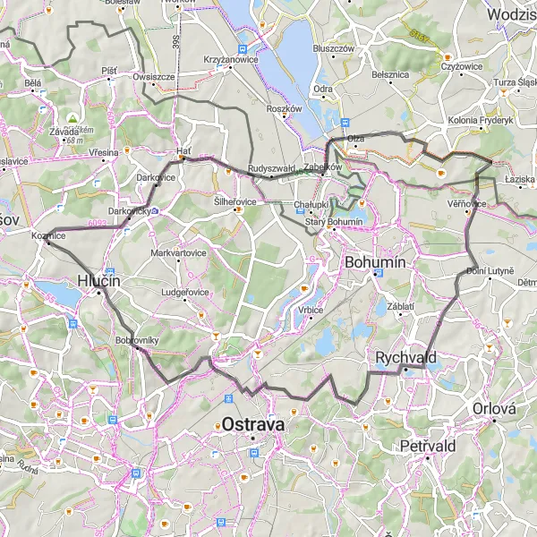 Miniaturní mapa "Kruhová cyklotrasa pro silniční kola" inspirace pro cyklisty v oblasti Moravskoslezsko, Czech Republic. Vytvořeno pomocí plánovače tras Tarmacs.app