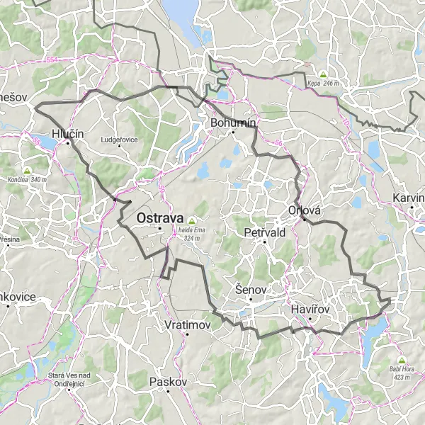 Miniaturní mapa "Náročná silniční trasa kolem Kozmic" inspirace pro cyklisty v oblasti Moravskoslezsko, Czech Republic. Vytvořeno pomocí plánovače tras Tarmacs.app
