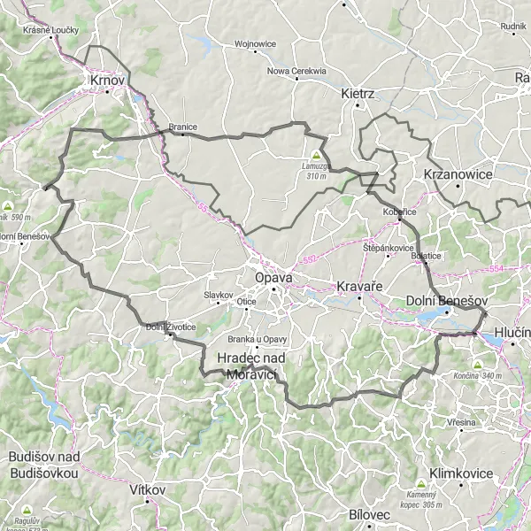 Miniaturní mapa "Road Kozmice - Dolní Benešov" inspirace pro cyklisty v oblasti Moravskoslezsko, Czech Republic. Vytvořeno pomocí plánovače tras Tarmacs.app