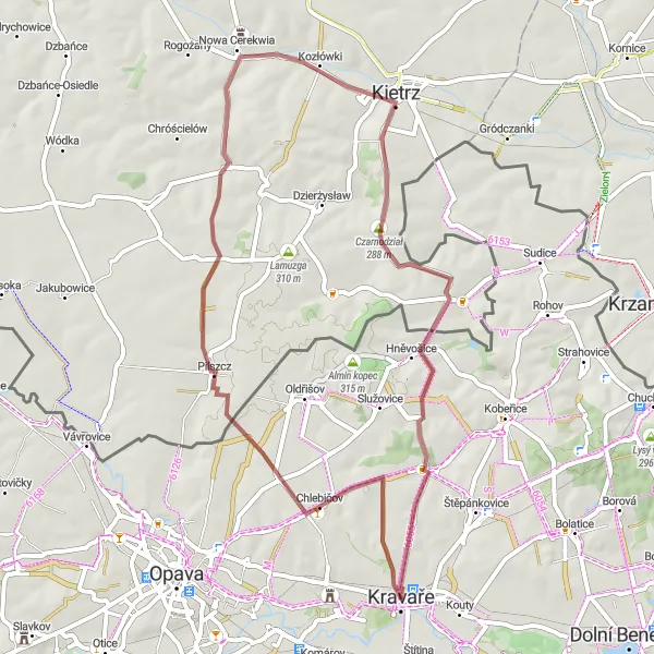 Map miniature of "Kravaře - Oldrisovsky kopec - Pusté Jakartice - Gniewkowice - Kozłówki - Wapniak - Kravaře" cycling inspiration in Moravskoslezsko, Czech Republic. Generated by Tarmacs.app cycling route planner
