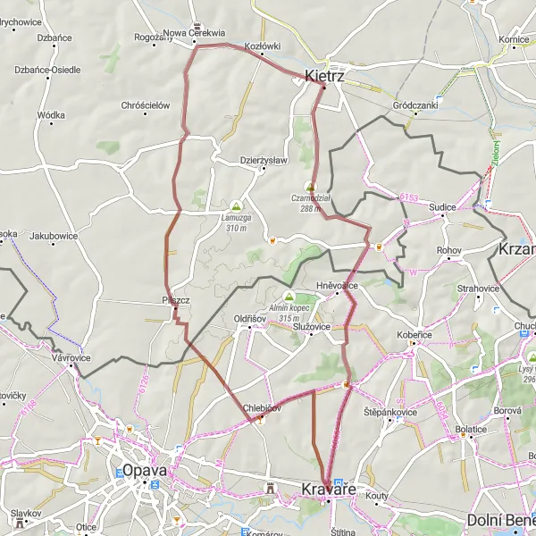 Mapa miniatúra "Trasa cez kopce a dedinky" cyklistická inšpirácia v Moravskoslezsko, Czech Republic. Vygenerované cyklistickým plánovačom trás Tarmacs.app