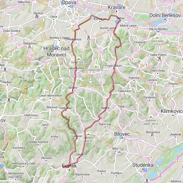 Miniatura mapy "Trasa gravelowa przez Štítina" - trasy rowerowej w Moravskoslezsko, Czech Republic. Wygenerowane przez planer tras rowerowych Tarmacs.app