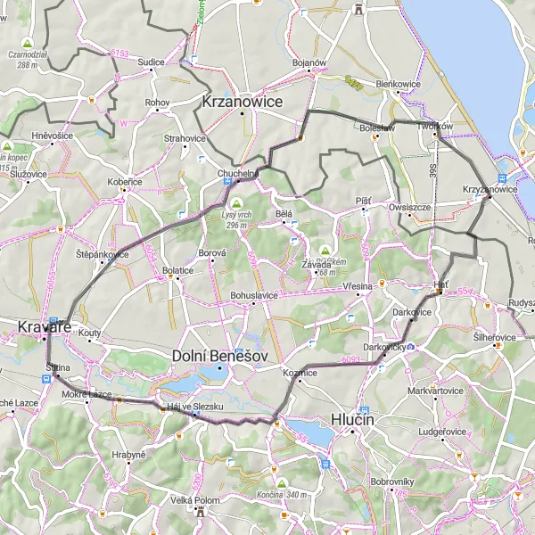 Miniaturní mapa "Okružní cyklistická trasa kolem Kravař" inspirace pro cyklisty v oblasti Moravskoslezsko, Czech Republic. Vytvořeno pomocí plánovače tras Tarmacs.app