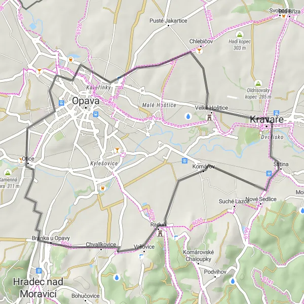 Map miniature of "Kravaře - Komárov - Branecký kopec" cycling inspiration in Moravskoslezsko, Czech Republic. Generated by Tarmacs.app cycling route planner