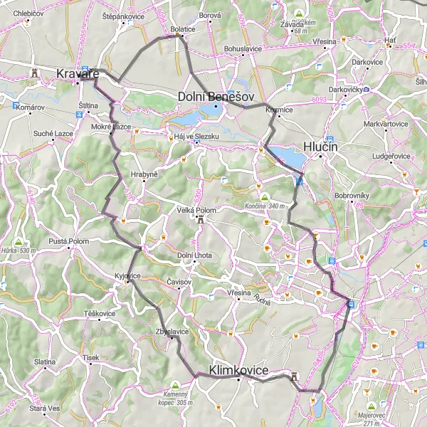 Miniaturní mapa "Road okruh s výhledy na Kravaře" inspirace pro cyklisty v oblasti Moravskoslezsko, Czech Republic. Vytvořeno pomocí plánovače tras Tarmacs.app