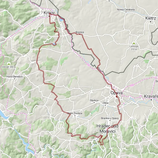 Map miniature of "Through the Peaks and Valleys" cycling inspiration in Moravskoslezsko, Czech Republic. Generated by Tarmacs.app cycling route planner