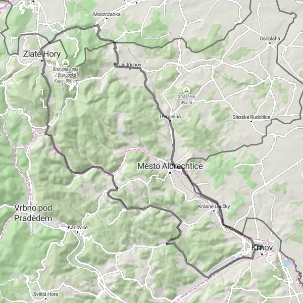 Map miniature of "Tackling the Scenic Hills" cycling inspiration in Moravskoslezsko, Czech Republic. Generated by Tarmacs.app cycling route planner