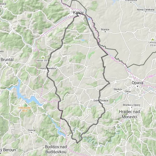 Mapa miniatúra "Okolo Krnova do Lorelei" cyklistická inšpirácia v Moravskoslezsko, Czech Republic. Vygenerované cyklistickým plánovačom trás Tarmacs.app