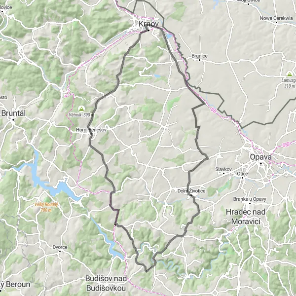 Map miniature of "Roads Less Traveled" cycling inspiration in Moravskoslezsko, Czech Republic. Generated by Tarmacs.app cycling route planner