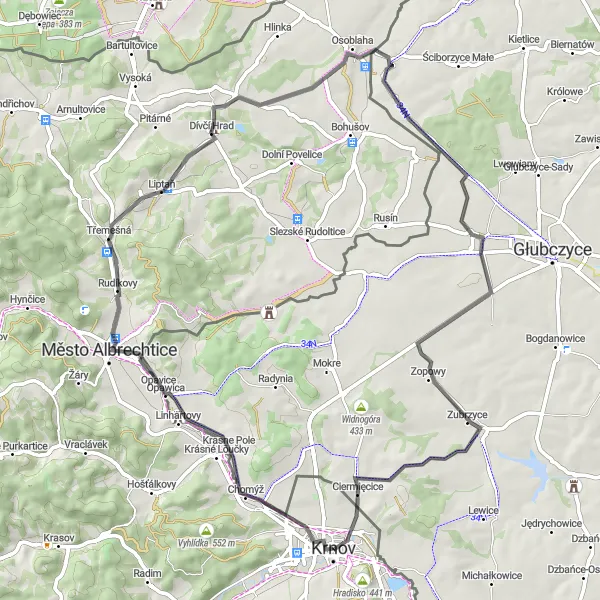 Mapa miniatúra "Přírodní cesty kolem Krnova" cyklistická inšpirácia v Moravskoslezsko, Czech Republic. Vygenerované cyklistickým plánovačom trás Tarmacs.app