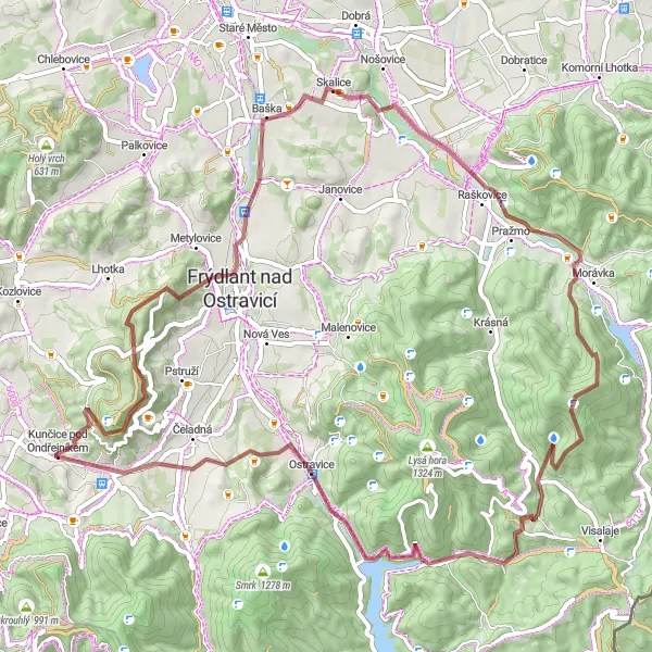 Map miniature of "Mountain Gravel Challenge" cycling inspiration in Moravskoslezsko, Czech Republic. Generated by Tarmacs.app cycling route planner