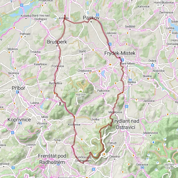 Miniaturní mapa "Gravelová cesta kolem Kozlovic" inspirace pro cyklisty v oblasti Moravskoslezsko, Czech Republic. Vytvořeno pomocí plánovače tras Tarmacs.app