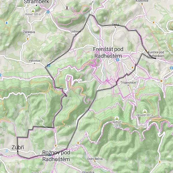 Map miniature of "Kunčice pod Ondřejníkem to Tichá Loop" cycling inspiration in Moravskoslezsko, Czech Republic. Generated by Tarmacs.app cycling route planner