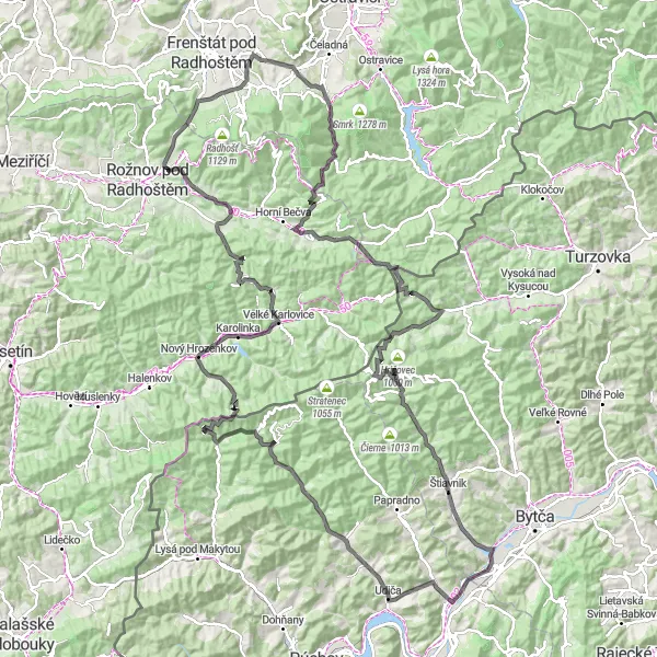 Miniaturní mapa "Cyklotrasa Kunčice pod Ondřejníkem" inspirace pro cyklisty v oblasti Moravskoslezsko, Czech Republic. Vytvořeno pomocí plánovače tras Tarmacs.app