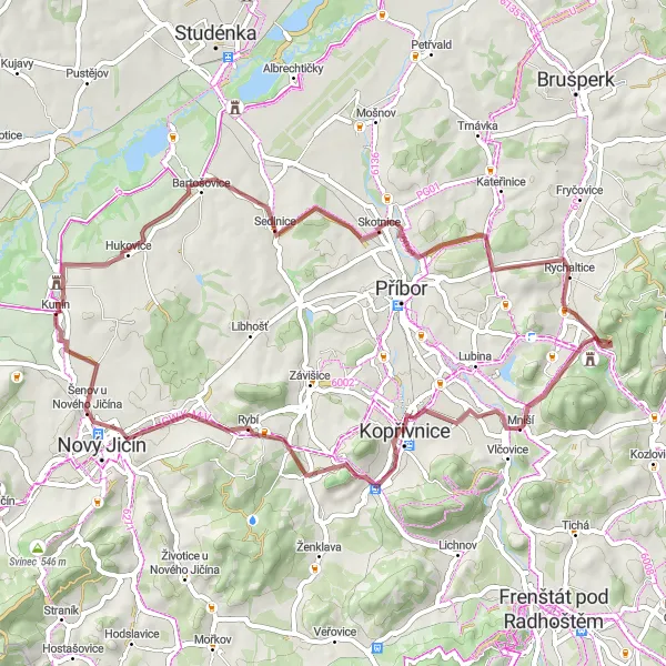 Karten-Miniaturansicht der Radinspiration "Abenteuerliche 56 km Schottertour in der Nähe von Kunín" in Moravskoslezsko, Czech Republic. Erstellt vom Tarmacs.app-Routenplaner für Radtouren