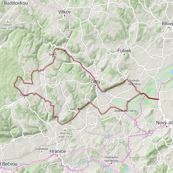 Miniaturní mapa "Gravelový okruh s rozhlednou v okolí Kunína" inspirace pro cyklisty v oblasti Moravskoslezsko, Czech Republic. Vytvořeno pomocí plánovače tras Tarmacs.app