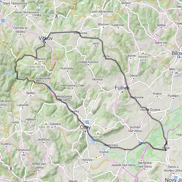 Map miniature of "Mankovice and Vrchy Delight" cycling inspiration in Moravskoslezsko, Czech Republic. Generated by Tarmacs.app cycling route planner