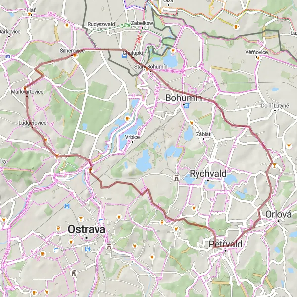 Miniaturní mapa "Gravelová trasa kolem Ludgeřovic" inspirace pro cyklisty v oblasti Moravskoslezsko, Czech Republic. Vytvořeno pomocí plánovače tras Tarmacs.app