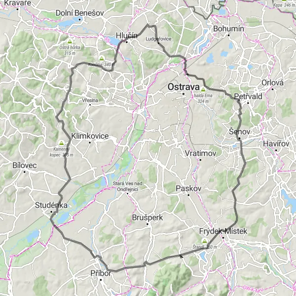 Miniaturní mapa "Trasa okolo Ludgeřovic" inspirace pro cyklisty v oblasti Moravskoslezsko, Czech Republic. Vytvořeno pomocí plánovače tras Tarmacs.app