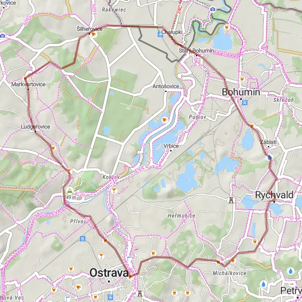 Miniaturní mapa "Gravelová cesta kolem Markvartovic" inspirace pro cyklisty v oblasti Moravskoslezsko, Czech Republic. Vytvořeno pomocí plánovače tras Tarmacs.app