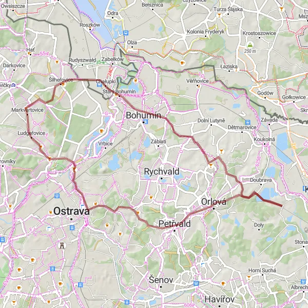 Miniaturní mapa "Kolem okolí Markvartovic na gravelu" inspirace pro cyklisty v oblasti Moravskoslezsko, Czech Republic. Vytvořeno pomocí plánovače tras Tarmacs.app