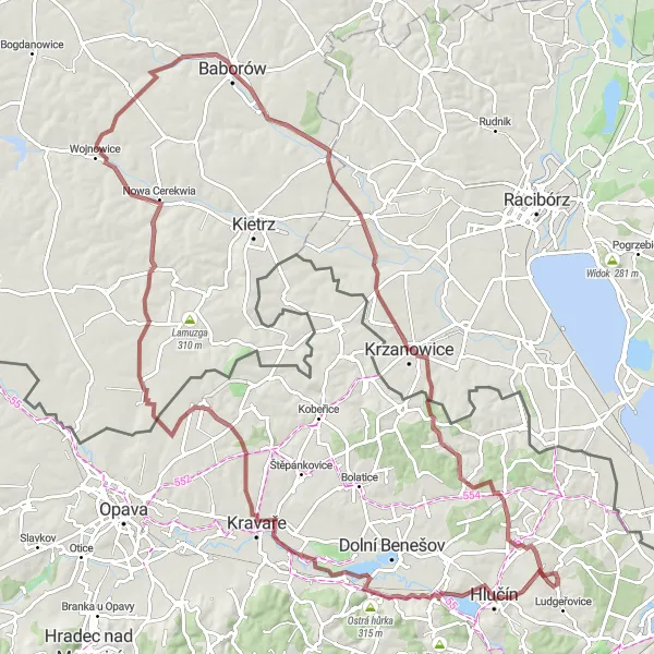 Miniaturní mapa "Gravel cyklotrasa k Raków" inspirace pro cyklisty v oblasti Moravskoslezsko, Czech Republic. Vytvořeno pomocí plánovače tras Tarmacs.app