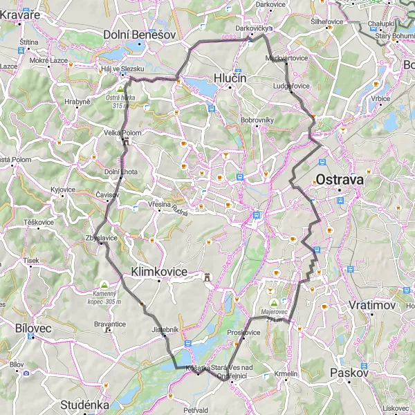 Karten-Miniaturansicht der Radinspiration "Herausfordernde Tour durch das östliche Moravskoslezsko" in Moravskoslezsko, Czech Republic. Erstellt vom Tarmacs.app-Routenplaner für Radtouren
