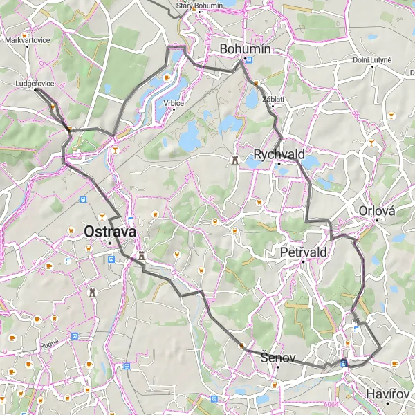 Miniaturní mapa "Skvostný okruh z Markvartovic" inspirace pro cyklisty v oblasti Moravskoslezsko, Czech Republic. Vytvořeno pomocí plánovače tras Tarmacs.app