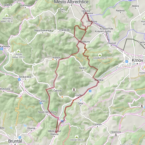 Miniatura mapy "Przejażdżka rowerowa przez urokliwe Hošťálkovy i Brantice" - trasy rowerowej w Moravskoslezsko, Czech Republic. Wygenerowane przez planer tras rowerowych Tarmacs.app